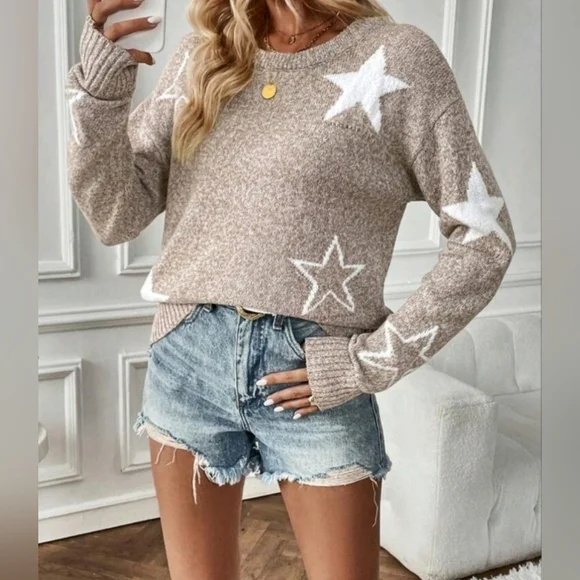 New Chic Star Pattern Knit Pullover Sweater Top Khaki Tan White - Picture 3 of 8